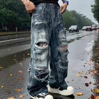 MC BUILD American High Street Heavy Craft Pigment Baggy Trousers Trendy Brand Ripped Wide Leg Men's Jeans Pant