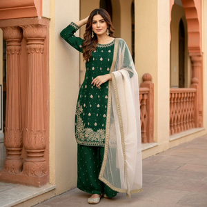 Ensemble Sharara brodé pour femme, coupe droite, tenue ethnique avec dupatta en organza pour mariage, fête, Diwali - Product Image 1