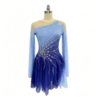Robe de patinage et de danse dégradé bleu clair et foncé, manches longues en maille, strass effet soleil, pour enfants et adultes, compétition et performance