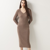 Robe en cachemire pour femme, robe en tricot côtelé, col en V, coupe ajustée, manches longues, 30% cachemire, robe midi en tricot, couleur personnalisée