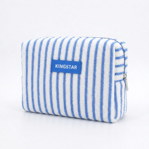 Bolsa de Maquillaje de Tela de Rizo con Rayas Azules y Logotipo Personalizado, Bolsa Cosmética con Cierre, Organizador de Artículos de Aseo, <span class=keywords><strong>Kit</strong></span> de Cuidado de la Piel para Viaje, Neceser para Mujer - Product Image 3