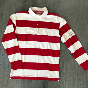 เสื้อเชิ้ตแขนยาวลายทางผ้าถักสำหรับผู้ชาย มีกระเป๋าเสื้อ สวมใส่สบาย ทรงปกติ ระบายอากาศได้ดี โลโก้ด้านหน้า สีแดงขาว คุณภาพสูง เรียบง่าย - Product Image 1
