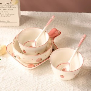 Strawberry Ceramic Breakfast Bowl Set With Spoon And Chopsticks For Home Kitchen Use - Product Image 3