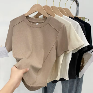 Logo personnalisé best-seller Nouvelle mode été décontracté col rond <span class=keywords><strong>manches</strong></span> courtes couleur unie hauts courts t-shirts pour femmes - Product Image 3