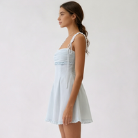 Robe courte bleu clair à volants pour femme, col carré, bretelles à nouer, jupe trapèze, tenue sexy pour soirée d'été ou club