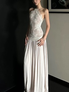 Abito Lungo Estivo Elegante con Patchwork in Pizzo, Stile di Alta Classe, Vita Stretta, Schiena Scoperta e Senza Maniche - Product Image 2
