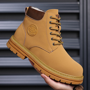 Bottes Martin pour hommes en cuir, semelle épaisse en caoutchouc, talon bas, doublure en polaire isolante, bottes de travail courtes jaunes, automne 2024 - Product Image 1