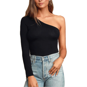 <span class=keywords><strong>Top</strong></span> Corto da Donna Personalizzato in Poliestere, Asimmetrico, Aderente, a Manica Lunga, Monospalla, <span class=keywords><strong>Nero</strong></span> Satinato, Ecologico e Super Morbido - Product Image 2