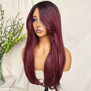 Perruque synthétique KEMY HAIR lisse et soyeuse avec frange, en fibre résistante à la chaleur, sans colle, avec raie en L, couleur bordeaux, pour femme - Soldes à 7$ - Product Image 2