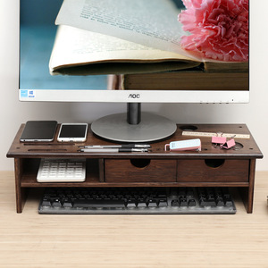 Computer Monitor Riser Stand Double Drawer Walnut Wood <b>Desktop</b> Storage Organizer Office Desk <b>Shelf</b> Rectangle Standing Type - Product Image 2