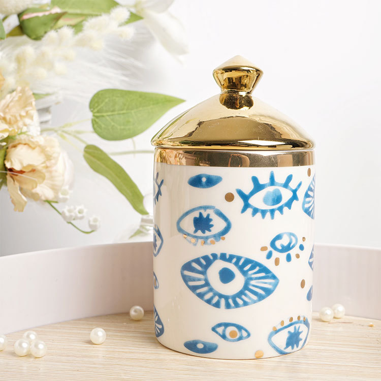 Phong cách Ấn Độ mắt handprint Jar gốm với nắp vàng nến gốm chủ sở hữu đèn Lồng Nến Lọ