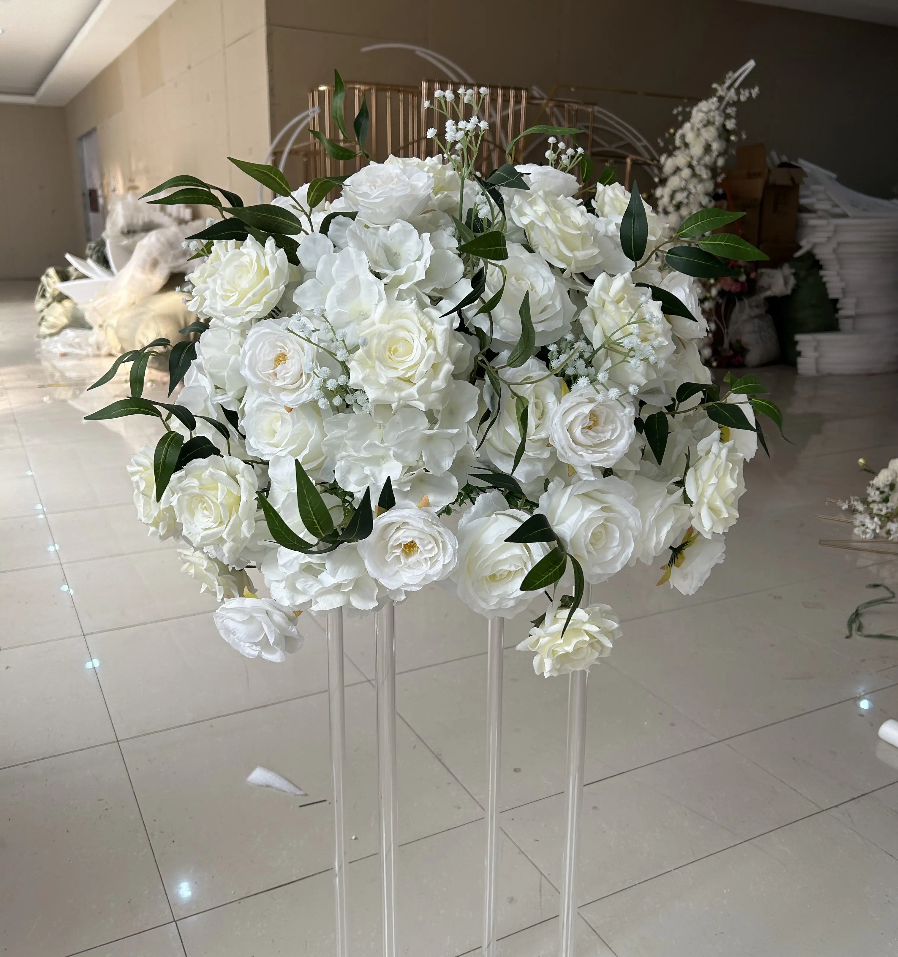 AFB009 Peça central Casamento Decoração Flores Branco babybreath Flores Artificial Branco Seda Rosa Flor Artificial Bola