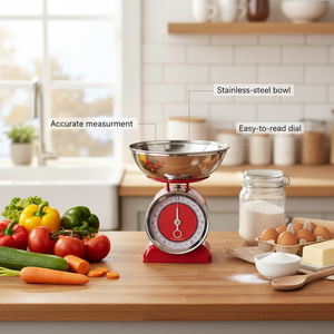 Balance de cuisine mécanique en acier inoxydable, capacité maximale 5 kg, précision 1 g, alimentée par piles, avec bol amovible - Product Image 3