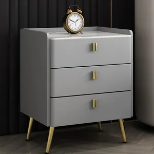 High Quality Natural Rock Slab Bedside Table Grey Bedside Cabinet 3 Drawer White Leather Nightstand