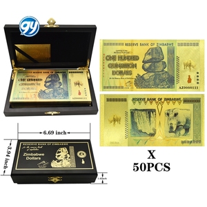 50 banconote <span class=keywords><strong>da</strong></span> cento trilioni di dollari dello Zimbabwe in plastica placcata oro con scatola in legno - Product Image 4