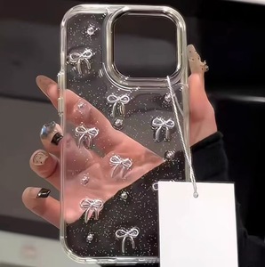 Lindo brillo niñas mujeres arco silicona TPU teléfono caso <span class=keywords><strong>para</strong></span> <span class=keywords><strong>iPhone</strong></span> 16 15 14 13 Pro Max plata Bowknot diamante claro teléfono caso - Product Image 6