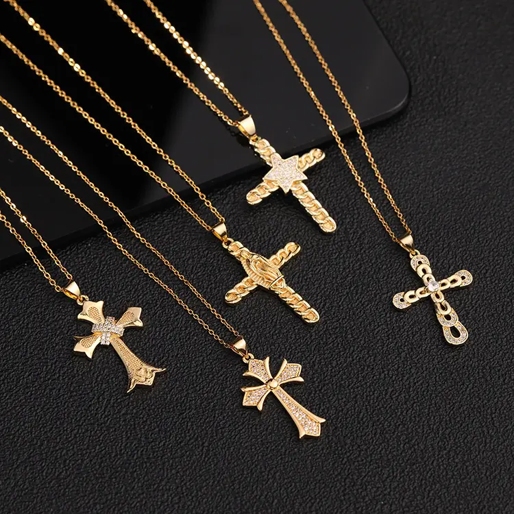 Micro-inlaid zircon gold-plated jewelry Madonna star personality cross pendant necklace