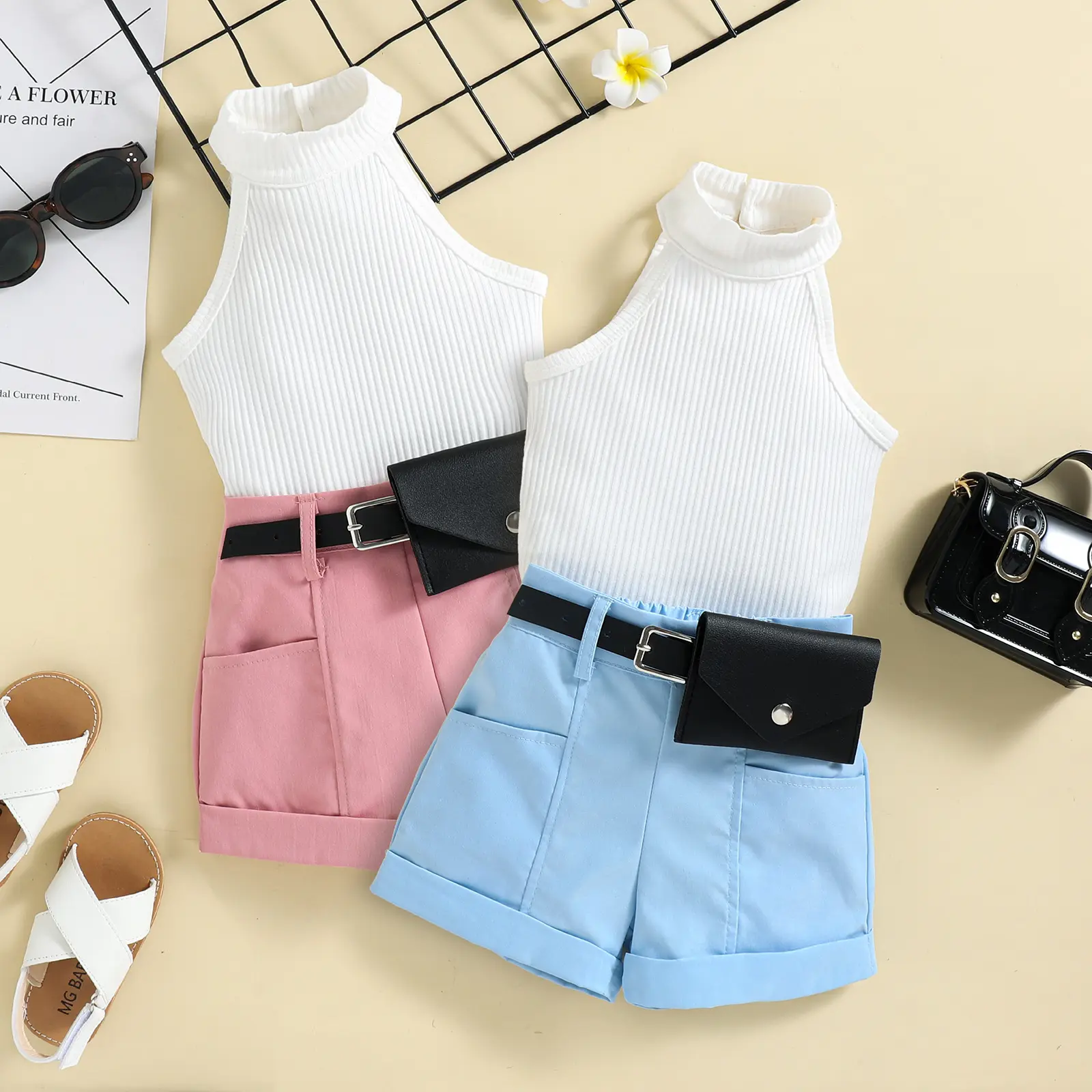 Conyson Wholesale Hot Summer Fashion Baby Girls Clothes Sets Solid Sleeveless Halter Knit Vest+Shorts With Belt Bags Casual Suit