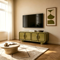 Meuble TV moderne incurvé brillant avec 4 portes de rangement, console multimédia de style rétro pour salon, mobilier de maison