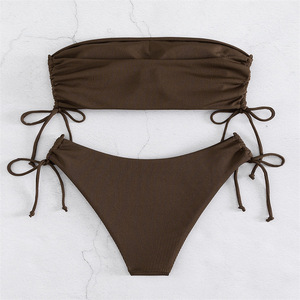 Conjunto de biquíni micro bandeau para mulheres e adultos, roupa de praia <span class=keywords><strong>sexy</strong></span> sem alças, suporte de cor sólida - Product Image 2