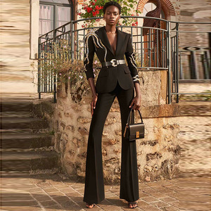 A7850 migustarment abiti e smoking alla moda <span class=keywords><strong>Blaze</strong></span> nero e pantaloni lunghi con cintura da donna d'affari Casual abito da donna da ufficio - Product Image 1