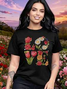 T-shirt da donna casual a maniche corte con scollo rotondo, stampa floreale, 100% cotone, leggera, primaverile/estiva, alla moda, elegante, idea regalo - Product Image 3