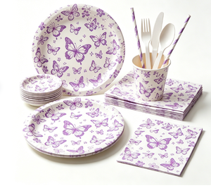 Vaisselle <span class=keywords><strong>de</strong></span> fête jetable épaisse à imprimé papillon et motif floral violet vintage français - Product Image 4