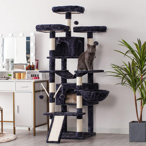 Expédition gratuite usine : Arbre à chat en bois bleu foncé avec structure d'escalade haute en peluche, griffoir, hamac et maison-tour - Product Image 2