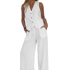 Conjunto de dos piezas de <span class=keywords><strong>lino</strong></span> y algodón de verano para <span class=keywords><strong>mujer</strong></span>, <span class=keywords><strong>chaleco</strong></span> sin mangas, Tops y pantalones, trajes de chándal personalizados para ocio de oficina - Product Image 1