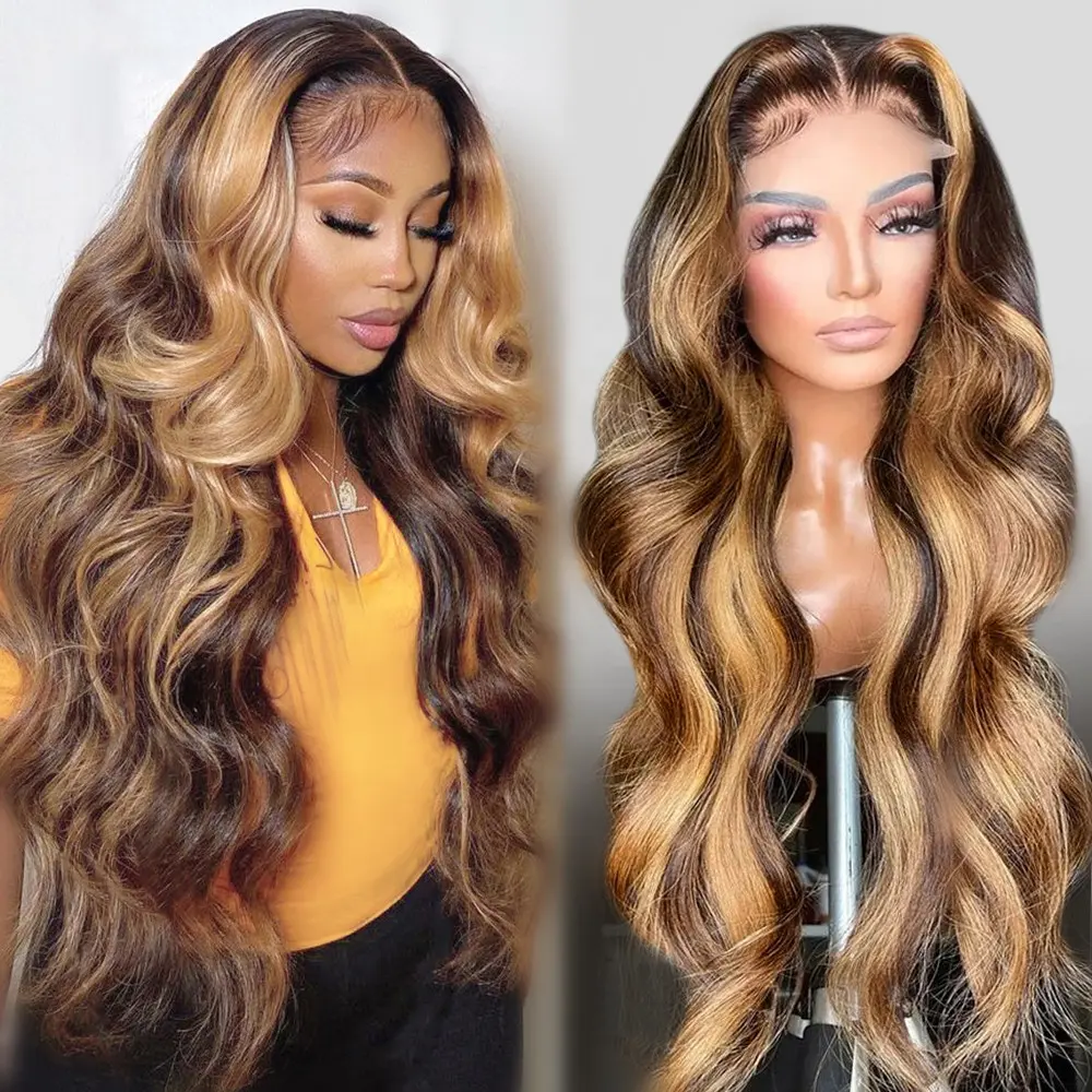 Wholesale Highlight Lace Front Wigs for Black Woman Blonde Highlight Human Hair Wig Body Wave Pre Plucked Lace Frontal Wigs