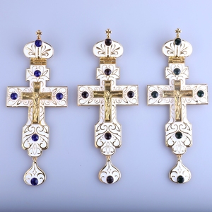 Cruz Pectoral rusa, esmalte blanco de marfil chapado en oro con piedras de cristal de aleación, Iglesia Griega y coreana - Product Image 2
