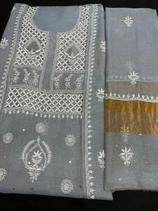 Meilleure collection Pure Soft Natural Tissue Silk Chikan Mukaish Chemise d'été droite semi-cousue brodée à la main Dupatta Formal - Product Image 4