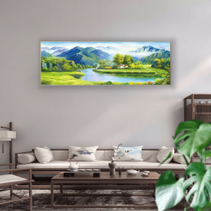 Pintura hecha a mano de arenisca natural-Serene "Montañas verdes Aguas azules" Arte de pared de paisaje chino - Product Image 3