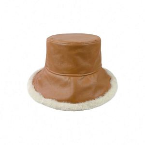 Chapeau de pêcheur en cuir PU noir lisse pour l'hiver, chapeau chaud vintage japonais en laine d'agneau, chapeau bob - Product Image 2