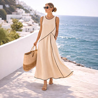 Robe longue sans manches pour femme, coupe trapèze, col rond, panneau contrastant, poche latérale, robe longue de resort