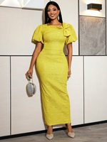 ADR060171 Robe jaune décontractée moulante à manches courtes bouffantes en jacquard avec fente pour l'été