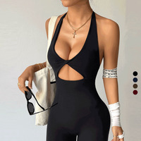 Combinaison de sport une pièce pour femme, dos nu, style halter, froncée, pour l'entraînement