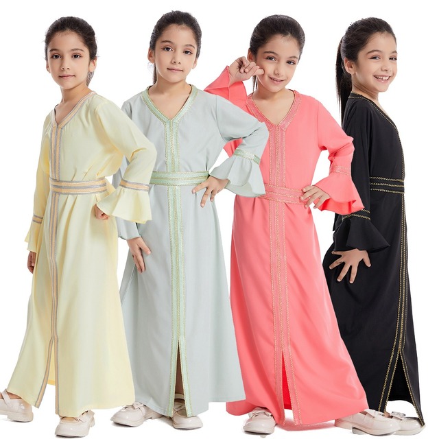 Modest Muslim Islamic Ethic Clothing Children Abaya Lovely Little Girls Dress Long Floral Sleeve Dresses for Kids
