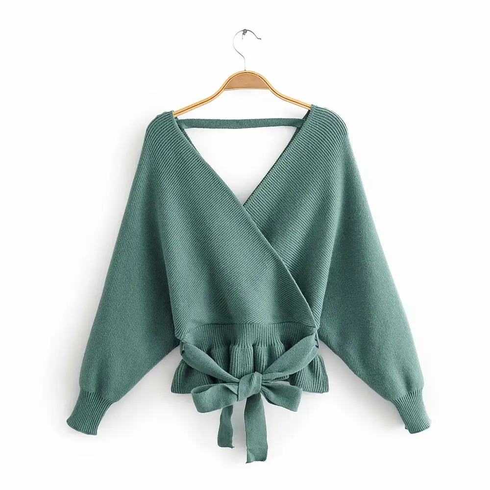 Permen Warna Deep V Leher Lengan Panjang Sweater Tinggi Fashion Wanita Rajutan Bungkus Pullover