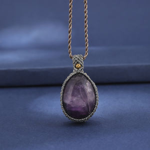 Vintage Trendy Gem Stone Halskette Hand gewebte Makramee Anhänger Oval Wachs schnur Mit Achat Amethyst für Herren Hochzeiten Partys - Product Image 5