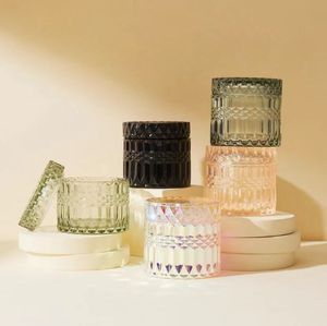 Empty Unique Iridescent Embossed Glass Candle Jar With Flat lid Matte Black Glossy White Crystal Candle Vessels For Holidays