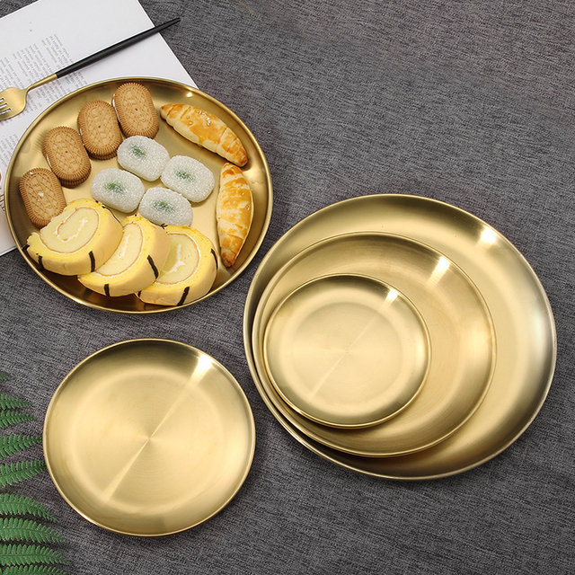 Stainless Steel Dinner Restaurant Plate Round Tray Serving Dishes Wedding Gold Food Plates