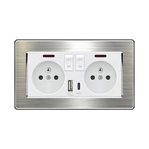 Prise murale tactile en acier inoxydable pour usage domestique allemand, plaque brossée simple face, norme UE, 250V 16A, 2 prises, IP20 - Product Image 5