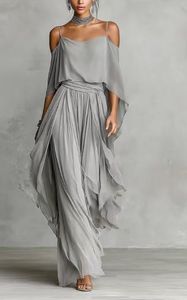 OUDINA New Summer Chiffon Casual Asymmetrical Off Shoulder <strong>Flowy</strong> <strong>Tops</strong> Blouse Women Two Piece Sets Trousers Pants Set - Product Image 4