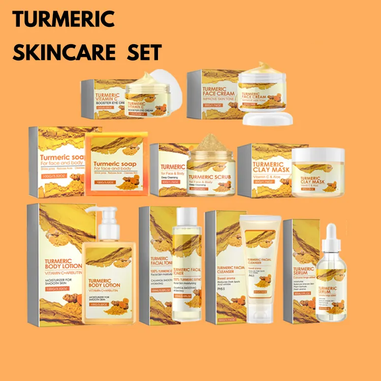 Private Label Huidverzorging Kurkuma Huidverzorgingsset Natuurlijke Cosmetische Fabrikant Whitening Anti-Acne Gezichtsverzorgingsproduct