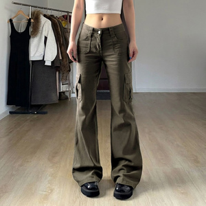 Jeans Rectos de Cintura Baja Estilo Cargo Retro Americano Verde Oliva, Pantalones Largos Casuales de Moda Urbana para Mujer - Product Image 2