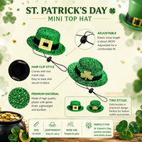 Nouveauté Mini Chapeau Haut de Forme Vert Pailleté pour la Saint-Patrick, Pince à Cheveux Trèfle, Accessoire de Costume pour Fête de la Saint-Patrick Irlandaise