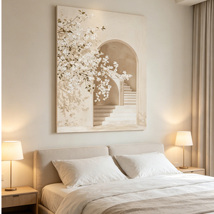 Stampa su Tela Wabi-Sabi con Fiori di Ciliegio in Tonalità Neutre, Arte Astratta con Arco, Quadro Decorativo Moderno Beige - Product Image 2