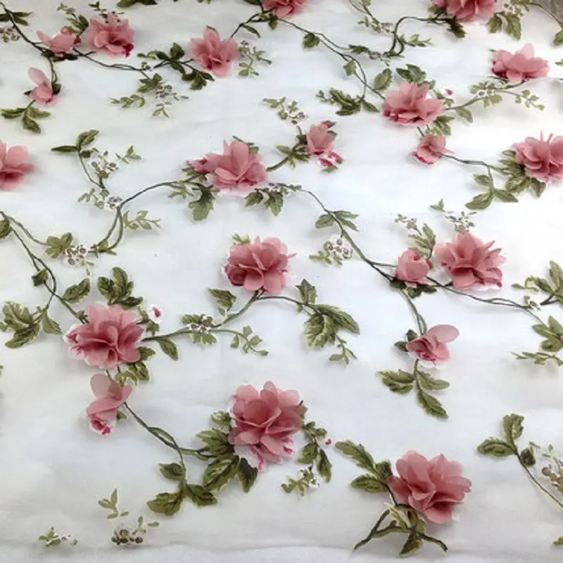 50cm * 135cm tessuto per abito da sposa in Organza di Chiffon con Applique in Organza di pizzo floreale rosa 3D