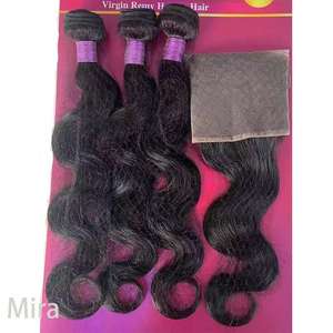 热卖长丝巴西人体波浪骨直发束带蕾丝闭合包头发编织STW 4件一批 - Product Image 3